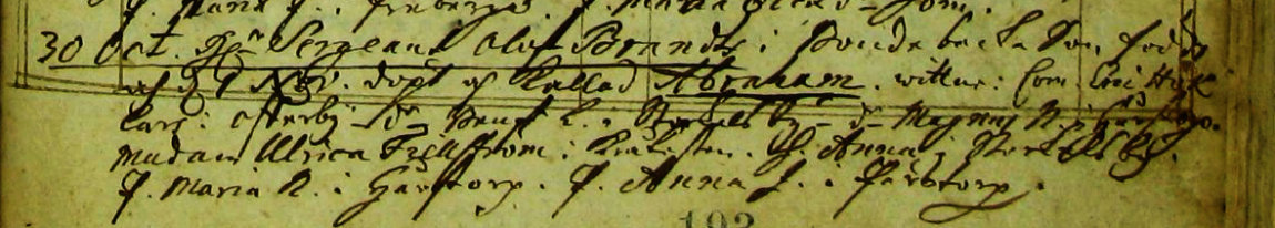 Udsnit af kirkebog, Daab af Abraham Brandt